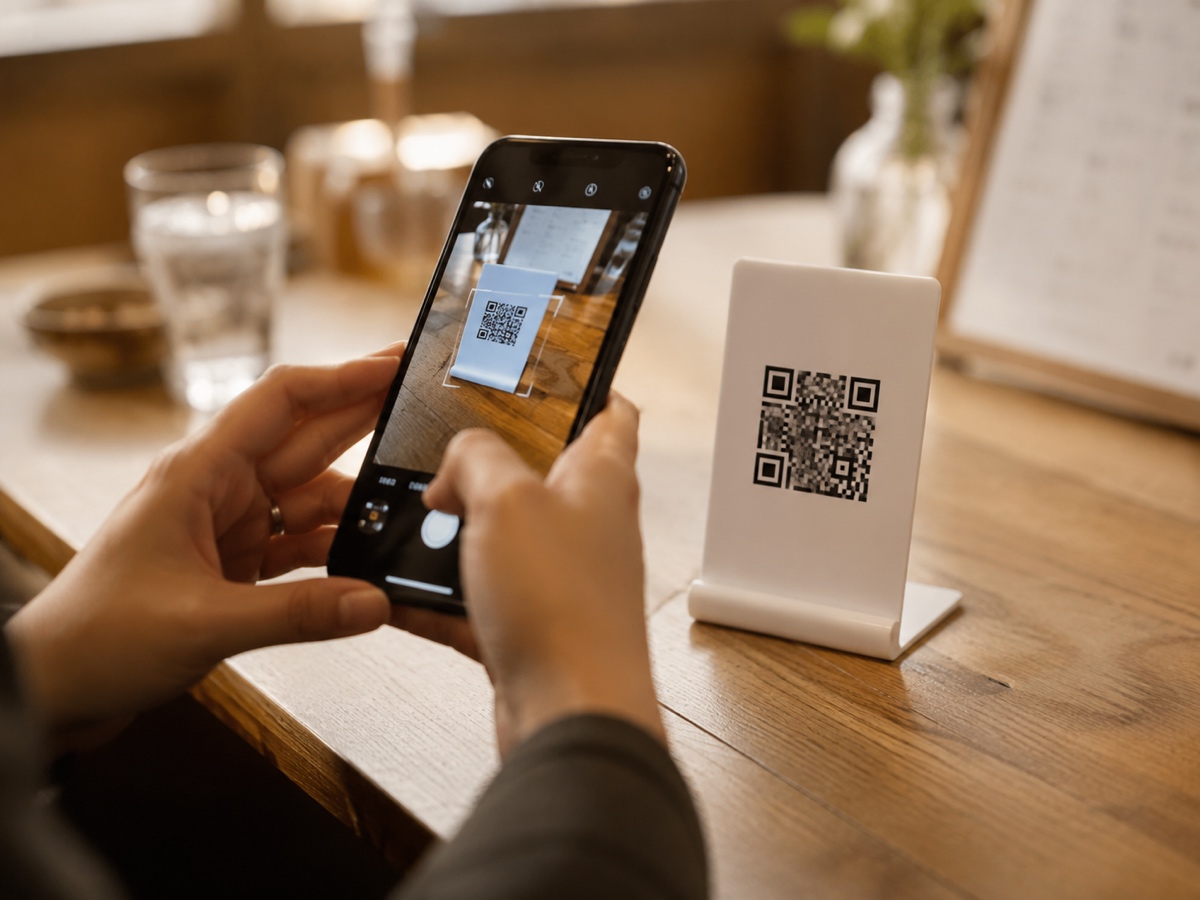 卓上のQRスタンドをスマホのカメラで読む様子